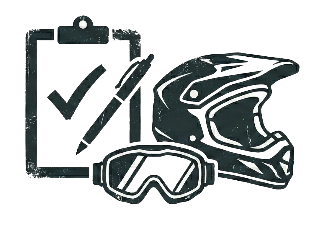 Illustration of a check-in sheet beside a helmet and safety goggles