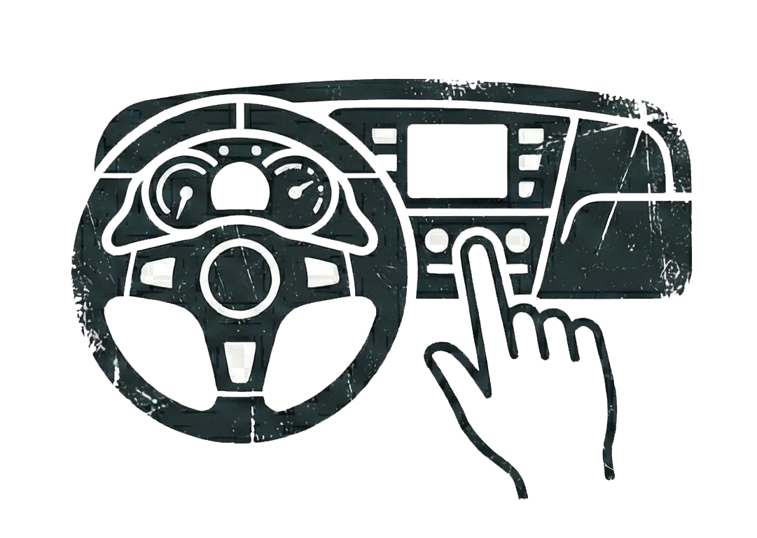 Illustration of a UTV steering wheel and dashboard with a hand pointing to the controls
