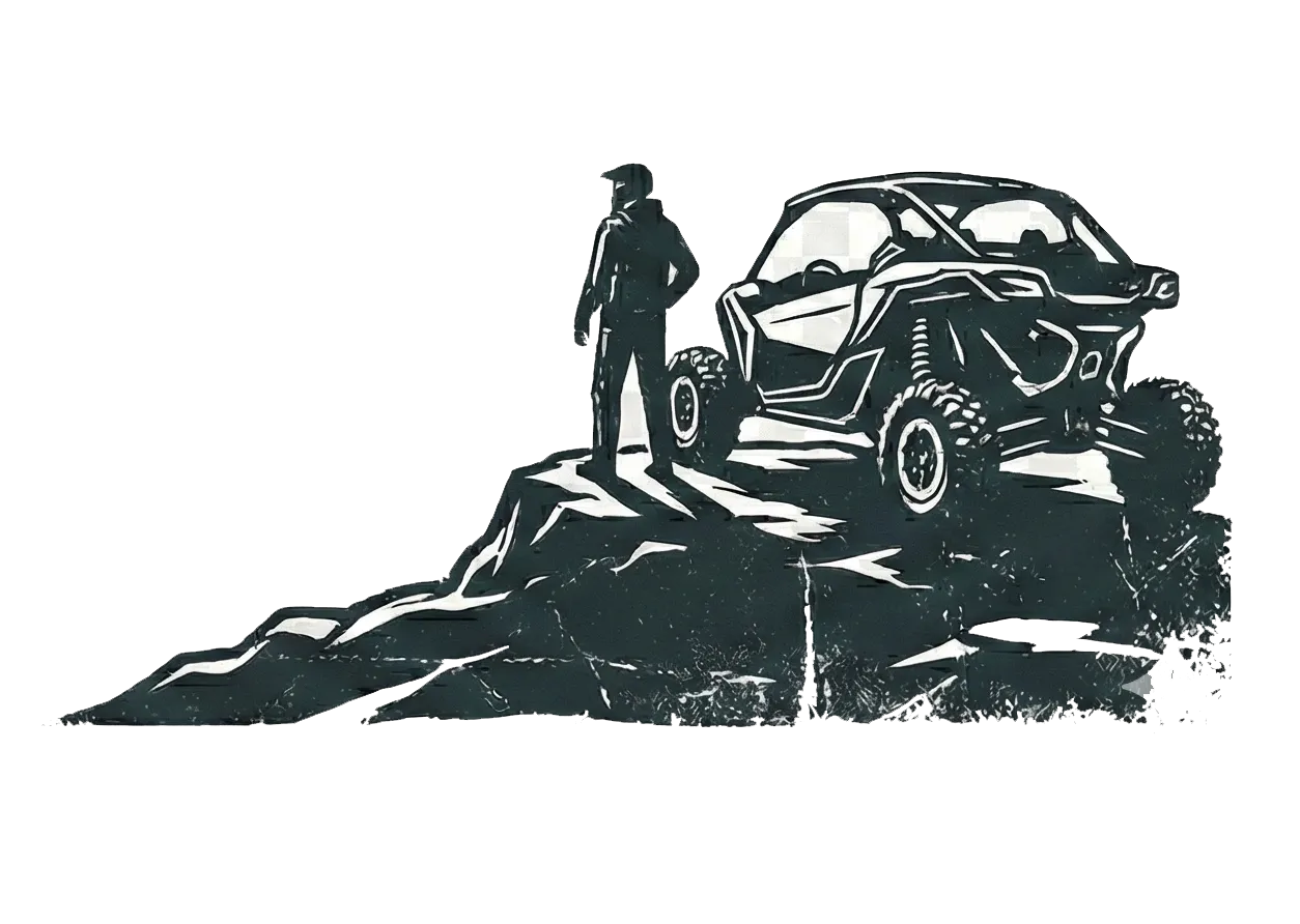 Illustration of a rider standing on a boulder beside their UTV