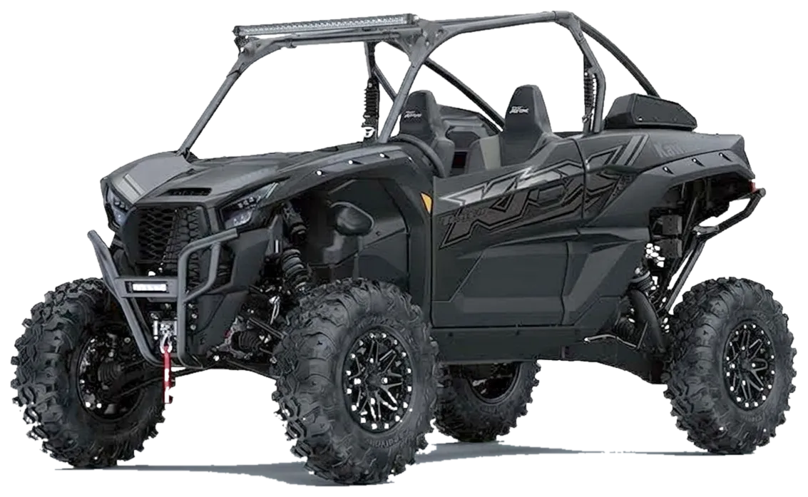 Black Kawasaki KRX two-seat side-by-side with roll cage, light bar and knobby off-road tyres, shown from the front three-quarter angle